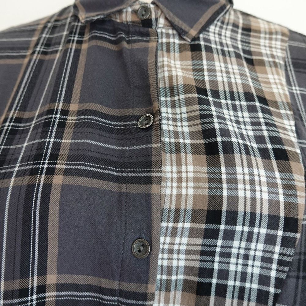 J.Jill Long Multi Plaid Button Down Blouse Tan Black White Size Medium Petite - Picture 11 of 14
